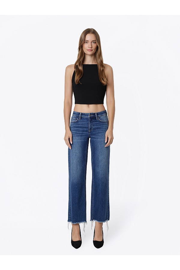 MID RISE CHEWED HEM SLIM WIDE JEANS...