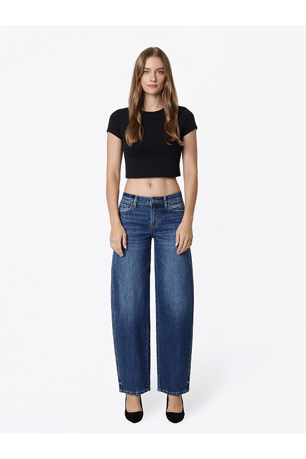 MID RISE DARK WASH LONG BARREL JEAN...