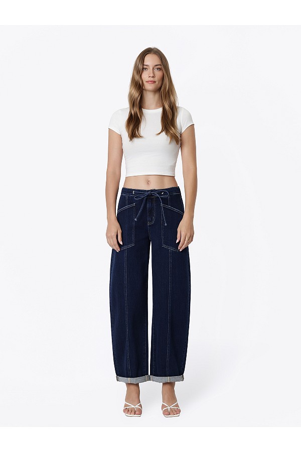 HIGH RISE DARK WASH WAIST TIE CUFFE...