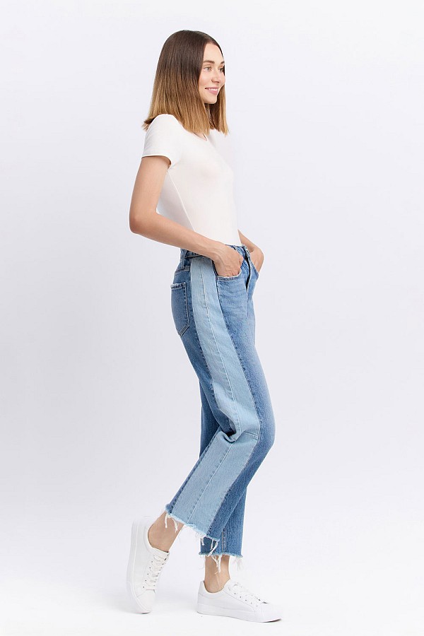 HIGH RISE TWO TONE BARREL LEG JEANS...